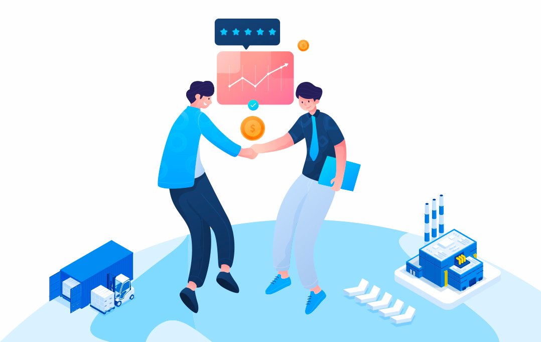 an illustration showing 2 men shaking hands, with background indicating the global supply chain