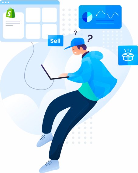 a young man using laptop is confused about promoting goods on Shopify