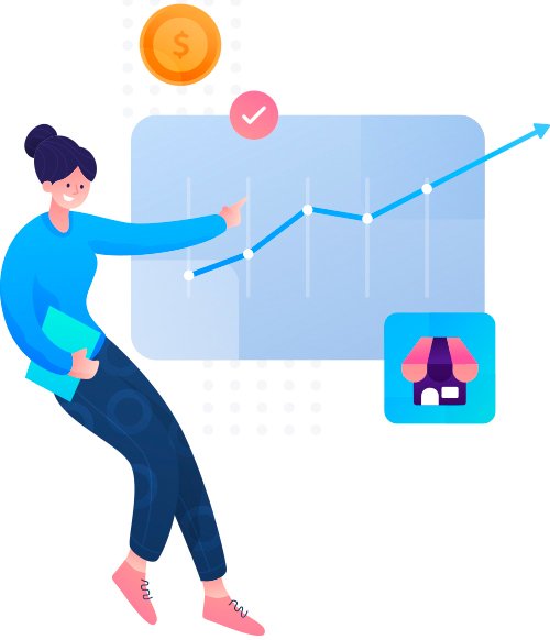 an illustration showing a young women with a notebook in hand, pointing to a growing trend of sales