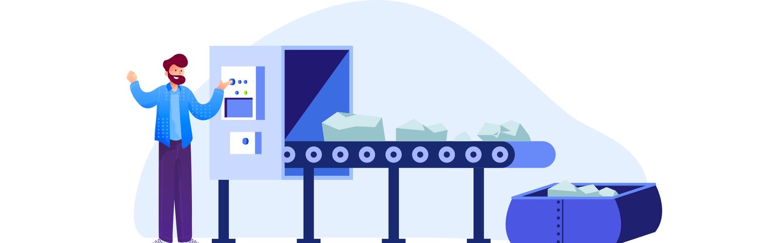 illustration a man standing beside an assembly line with goods on it