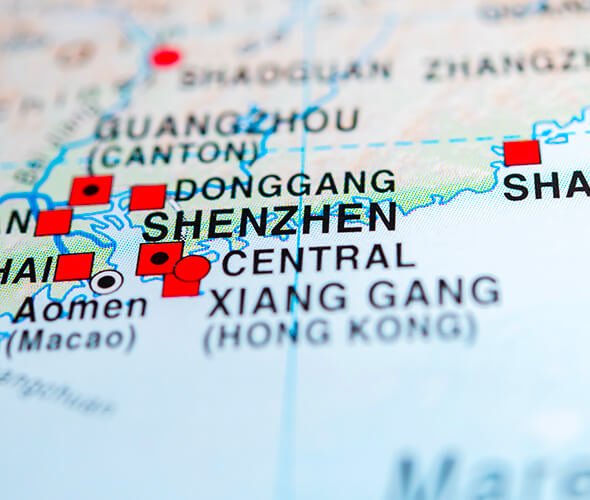 a map of China highlighting location of Shenzhen, China
