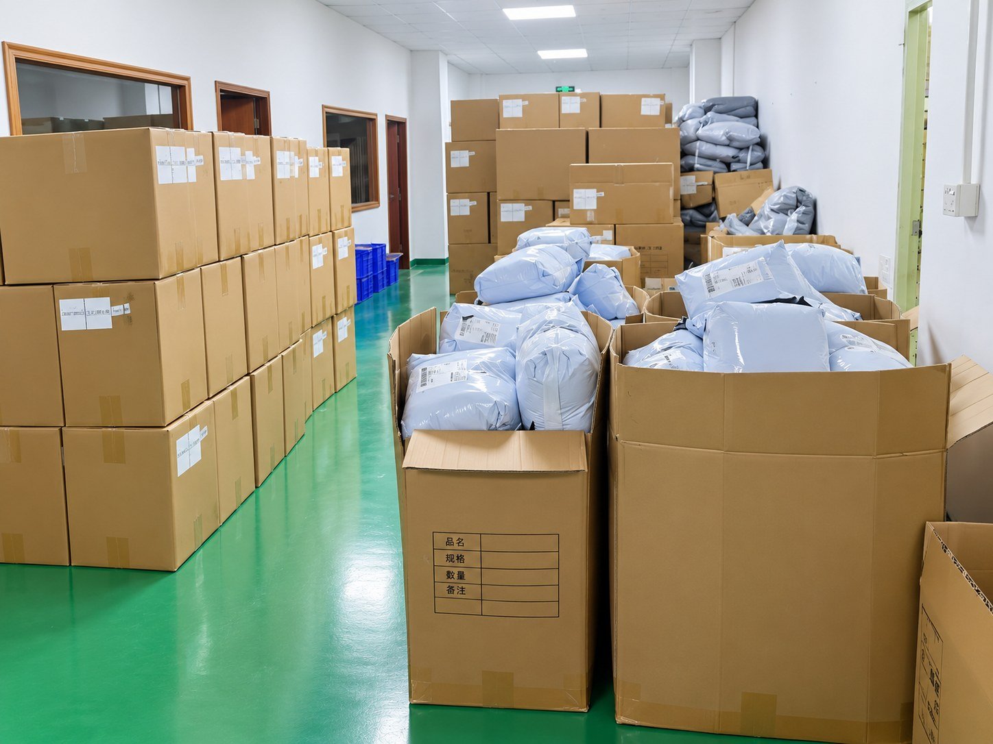 Packed products in cartons and export boxes staged in the Dowch warehouse in Shenzhen before shipment
