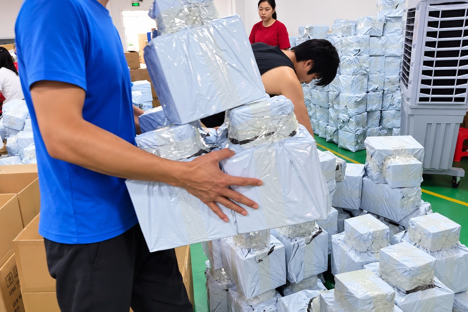 Worker carrying wrapped parcels to the dispatch area in a Shenzhen warehouse