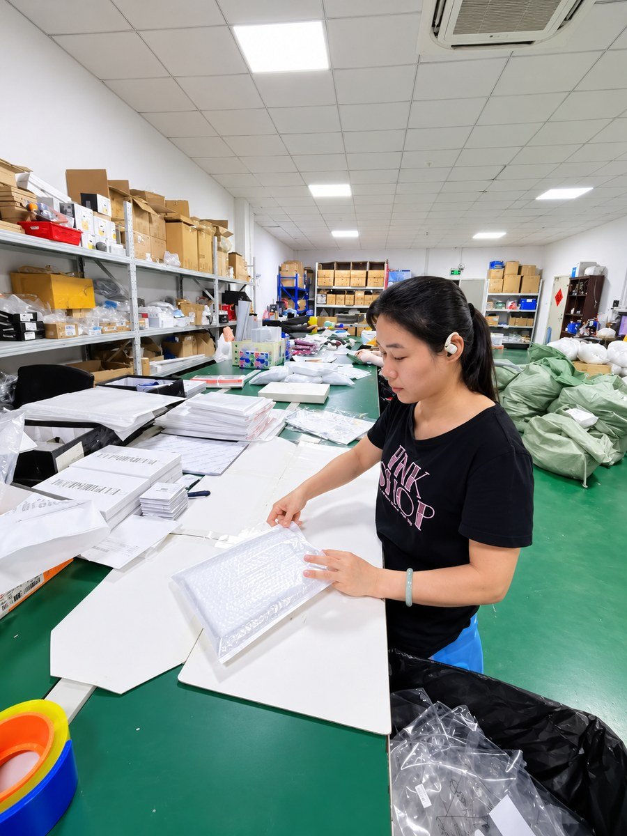 Dowch inspector in a black t-shirt checking a bubble-wrapped product at a quality control table in Shenzhen