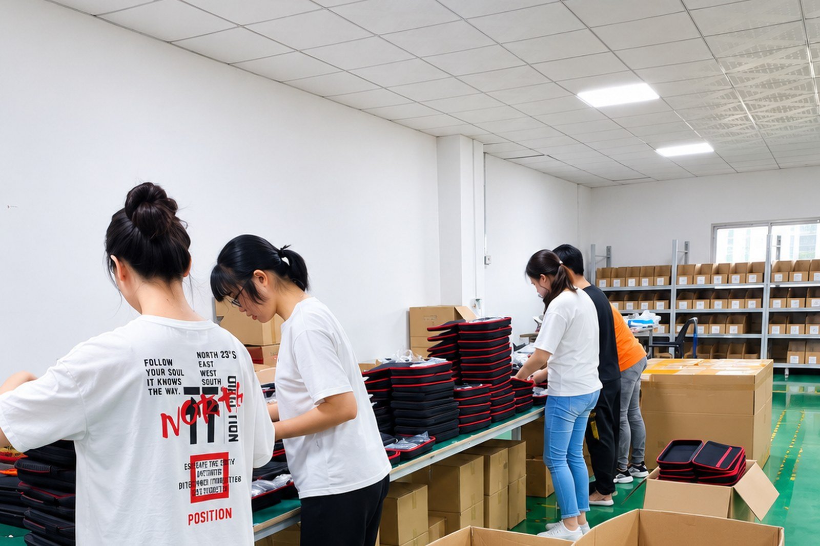 Staff counting and stacking finished products at a packing table in Shenzhen